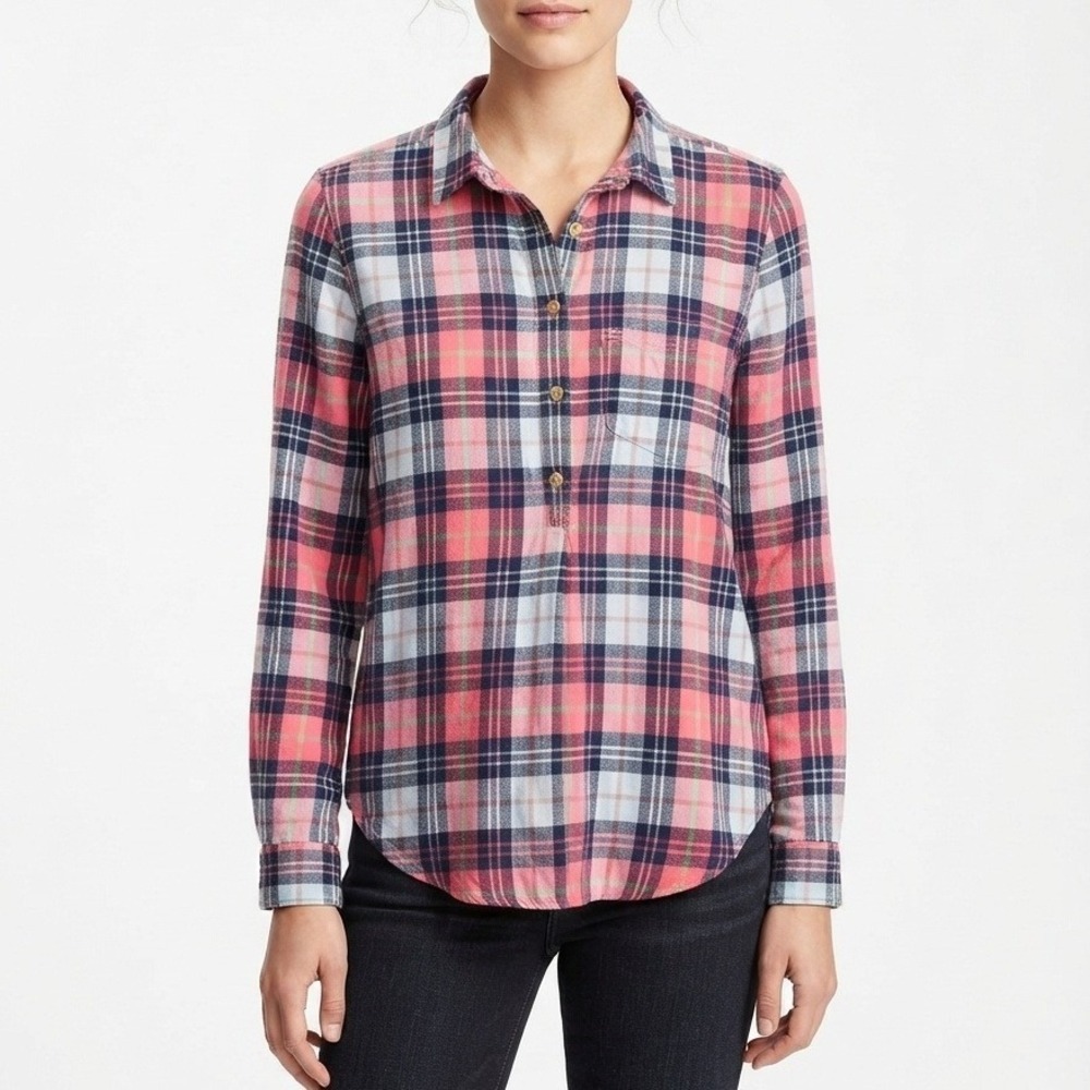 J.Crew Classic Plaid Popover Shirt Long Sleeve Flannel Pink Navy Tall Large